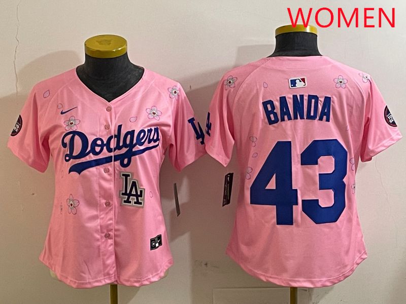 Women Los Angeles Dodgers #43 Banda Pink White Blue Sakura Edition 2025 Nike MLB Jersey style 10->youth mlb jersey->Youth Jersey